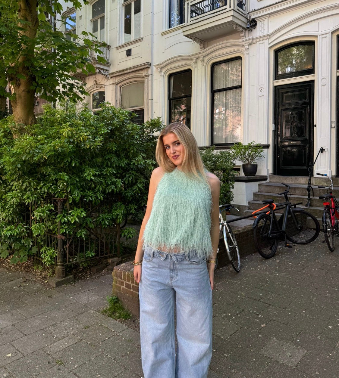 3872 FAUX FUR TOP GREEN