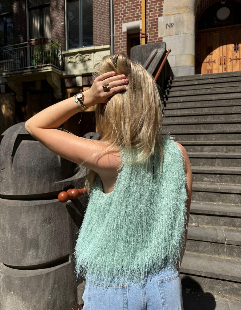 3872 FAUX FUR TOP GREEN